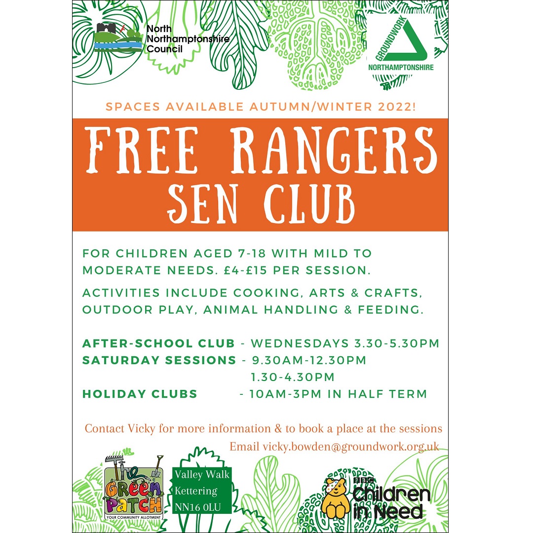 LONorthants's tweet photo. Check out the Free Rangers SEN Club at @TheGreenPatch1 (Kettering) for children and young people aged 7-18 with mild to moderate needs. For more information and to book, email vicky.bowden@groundwork.org.uk. 
(with @GwkNhants and @NNorthantsC)
#KetteringSEND https://t.co/LO4R51kyit
