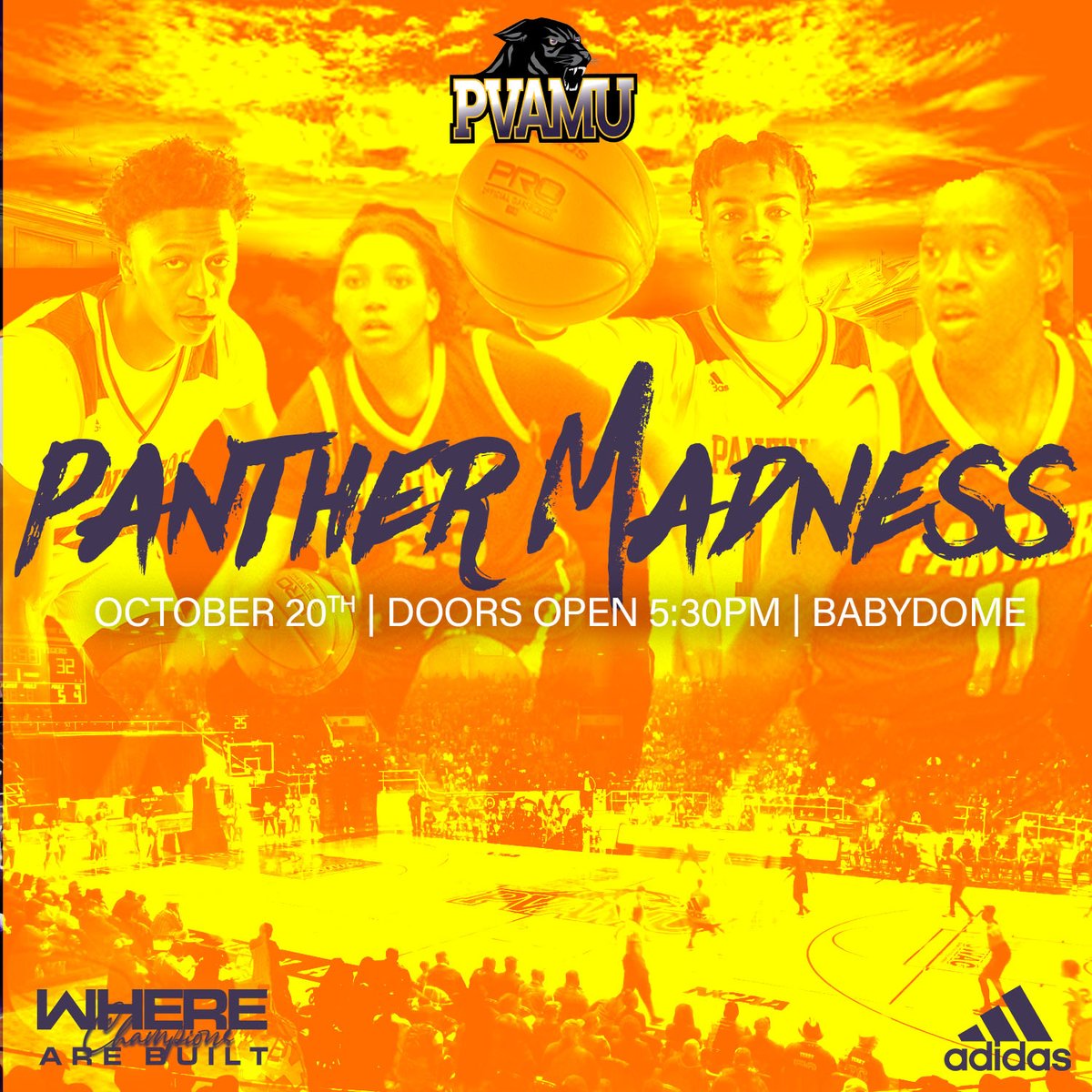 PVAMUBBALL:  Fans get ready for Panther madness!  Come out and meet the Panthers basketball teams, cheer squad, and Panther Dolls on Thurs., Oct. 20.   The doors open at 5:30 p.m. in the Babydome.  Come out and enjoy an evening of entertainment. #WhereChampionsAreBuilt