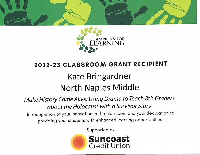 Thank you, <a href="/Champs4Learning/">ChampionsForLearning</a>! You are a treasure for our students. So grateful our 8th graders will get to learn about the amazing Abe Price with a #gulfshoreplayhouse production. <a href="/NNMSWildcats/">NNMS</a>