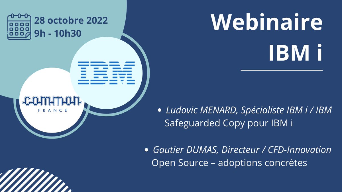 CommonFrance's tweet photo. Suivez le 2ème webinaire post Université #IBMi organisé par #CommonFrance et #IBM le 28 octobre prochain de 9h à 10h30! Au programme : Safeguarded Copy sur IBM i, utilisation des solutions #OpenSource sur IBM i, démos en live.
Informations, inscriptions 👉https://t.co/Upa7AjUuX0 https://t.co/lWB5Dc1oDc