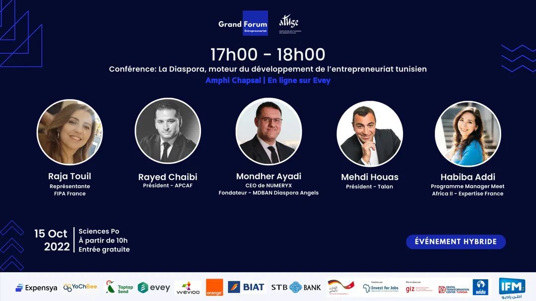 R_chaibi's tweet photo. 🚨Je participerai ce Samedi 15/10 à @sciencespo au Grand Forum de l’Entrepreneuriat de  @ATUGE_FR.

J’interviendrai lors de la Conférence sur le thème: « La #Diaspora, moteur du #développement de l’#entrepreneuriat 🇹🇳 ». 

#APCAFT #France #Tunisie @AtugeAtventure @taoufikmjaied https://t.co/057p301dvQ