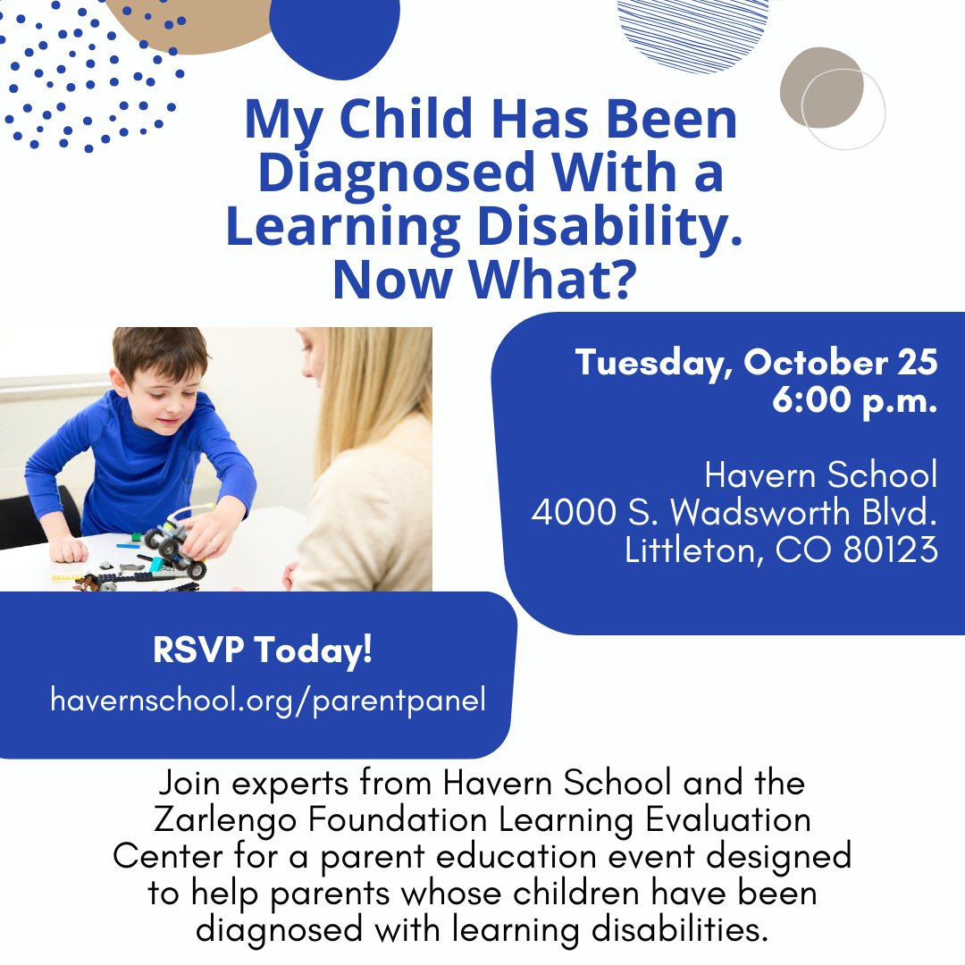 HavernSchool's tweet photo. Join experts from Havern School and the Zarlengo Foundation Learning Evaluation Center for a parent education event on Tuesday, October 25, at 6:00 p.m. focused on supporting parents whose children have been diagnosed with learning disabilities. RSVP at https://t.co/yMmt3SOyAv https://t.co/8JKbflPqFe