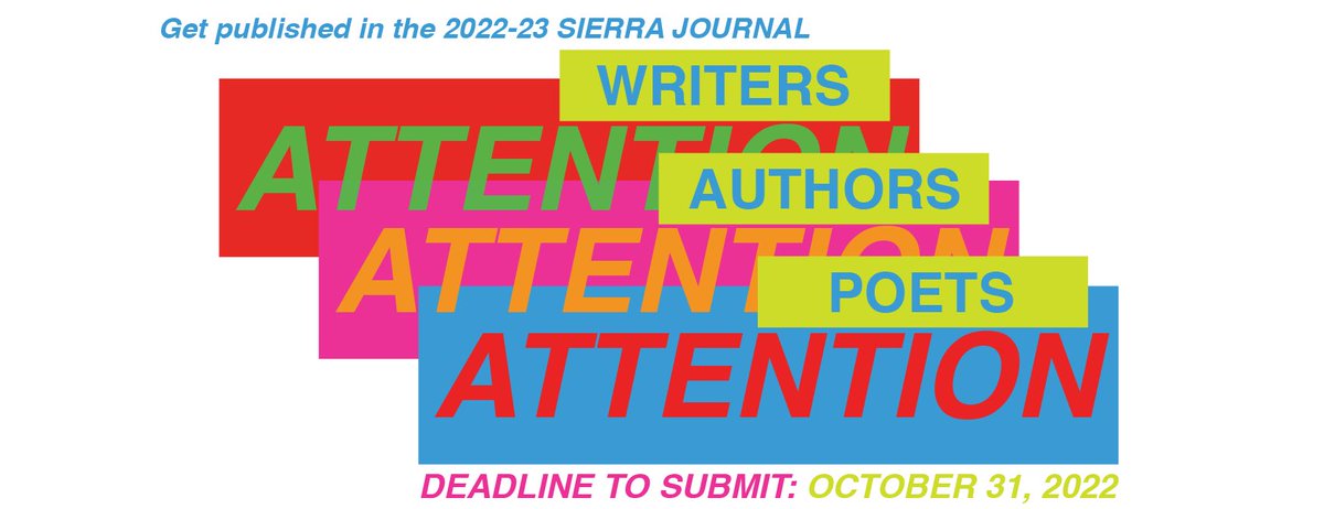 Literary submissions are OPEN for the _Sierra Journal_ based at Sierra College. Send unpublished one-act plays; fiction or CNF prose, poetry, or excerpts of graphic novels to: sierrajournal@sierracollege.edu.
<a href="/SierraCollege/">Sierra College</a> @gvncculturaldistrict #truckeeculturaldistrict