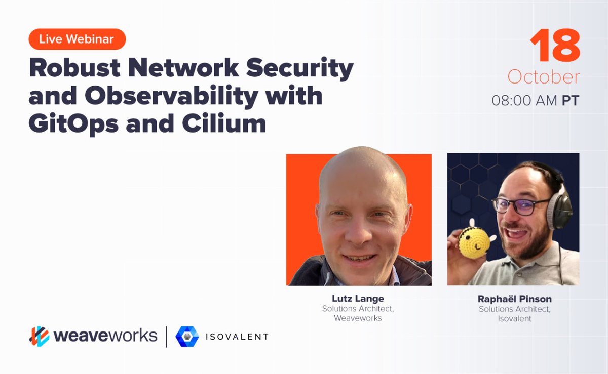 We're teaming up with the folks at <a href="/isovalent/">Isovalent</a> in a webinar next week showcasing how to implement robust network security 🌐 🔒 and observability 👀 using #GitOps and #Cilium. 
More details and to register 👉 bit.ly/3rQWpYi