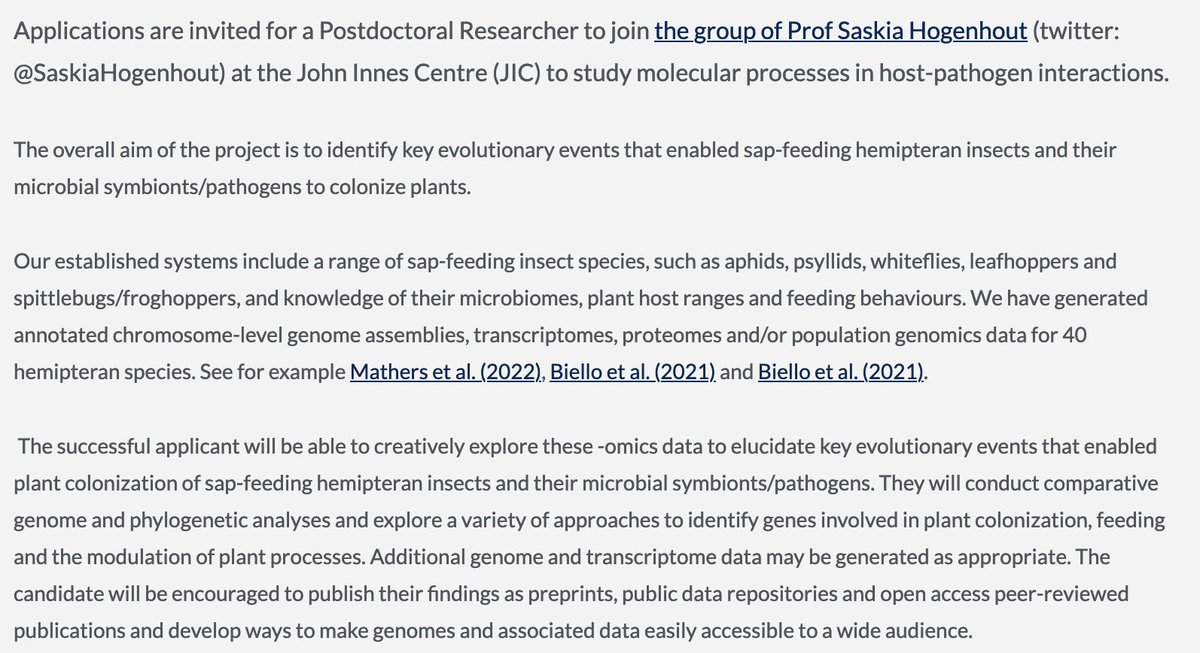 Job!! We are looking for a creative evolutionary biologist to lead genomic analyses of sap-feeding insects, e.g aphids etc. 🐞

Chromosome-level assemblies, transcriptomes, proteomes and population genomics data for many species are already available jic.ac.uk/vacancies/post…