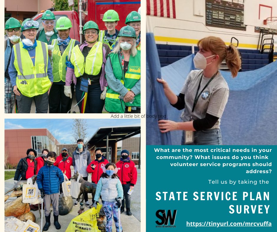 ServeWA's tweet photo. We’re developing our next state service plan and need your input! 

Tell us the most critical needs in your community volunteer programs can help address in our survey. 

It’s quick, easy and at the end you can enter to win a gift card. https://t.co/hdcRXZK6ew https://t.co/c8YH4IEwOn
