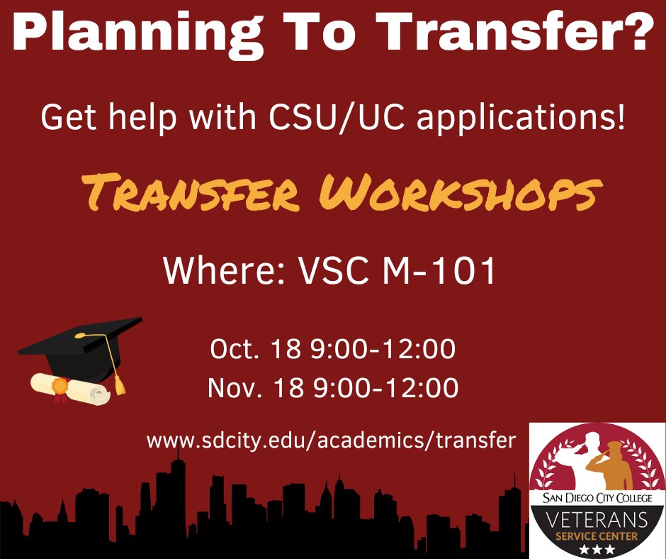 The VSC will be hosting a Transfer Workshop on Tuesday, October 18th from 9AM-12PM in M-101. Come by and get you questions answered from the VA counselor!