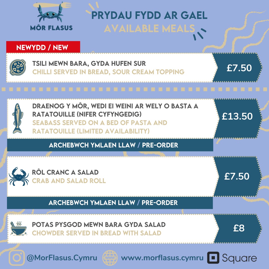 Môr Flasus yn Cwrw Llŷn Dewch draw b’nawn sadwrn
🎣 draenog y môr
🦀 rôl cranc
🐟 potas pysgod 
🍖 chilli

Archebwch rhag siom neu mentrwch draw

(EN)
Call to see us on Saturday at <a href="/CwrwLlyn/">Cwrw Llŷn</a>
🎣 sea bass
🦀 rolls
🐟 chowder
🍖 chilli

Order now to avoid disappointment or pop over.