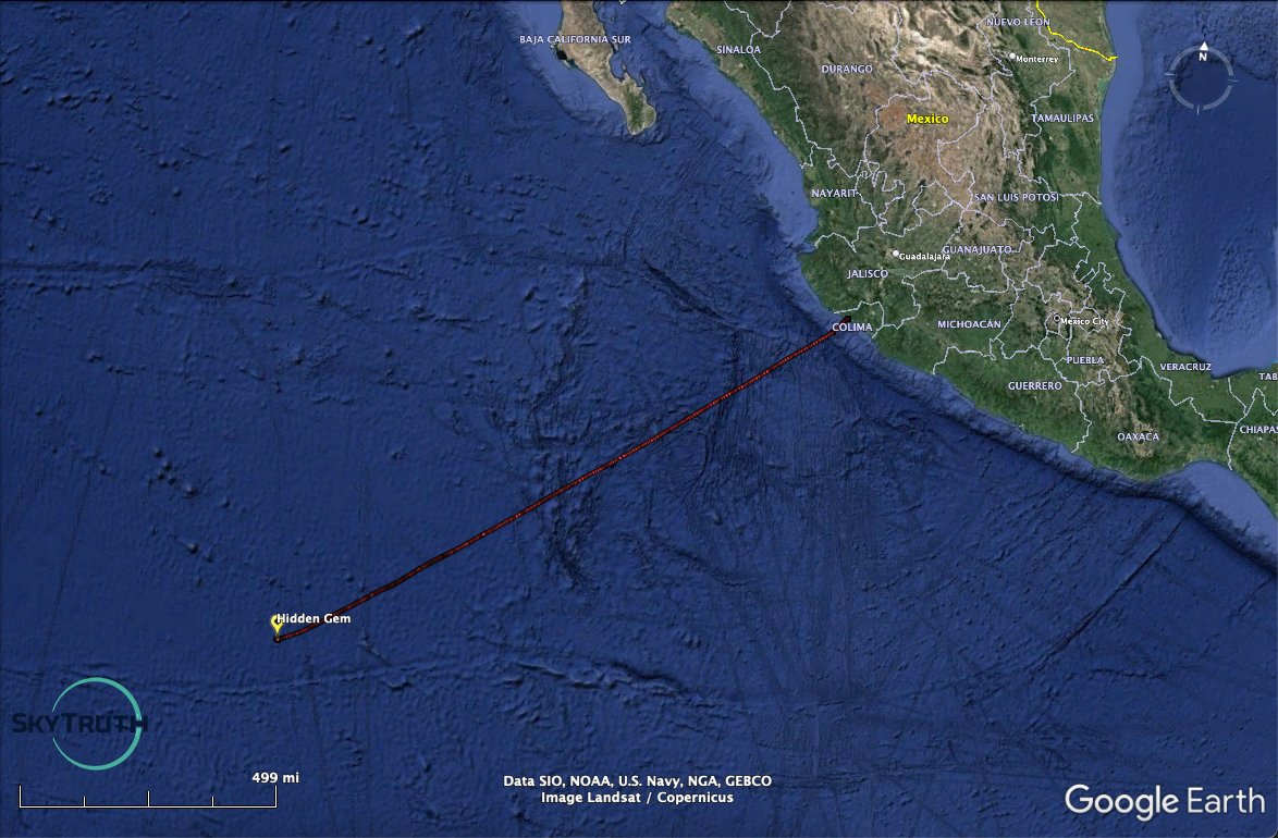 oceanfdn's tweet photo. The Hidden Gem left port on 9/14 with little notice; civil society wasn’t able to send an Observer ship. @SkyTruth is helping keep tabs via #AIStracking. Since 9/19, the ship has been in a relatively small area with an approx center: Lat. 10.328257°/Long. -117.190793° https://t.co/S5fuu4cpFw