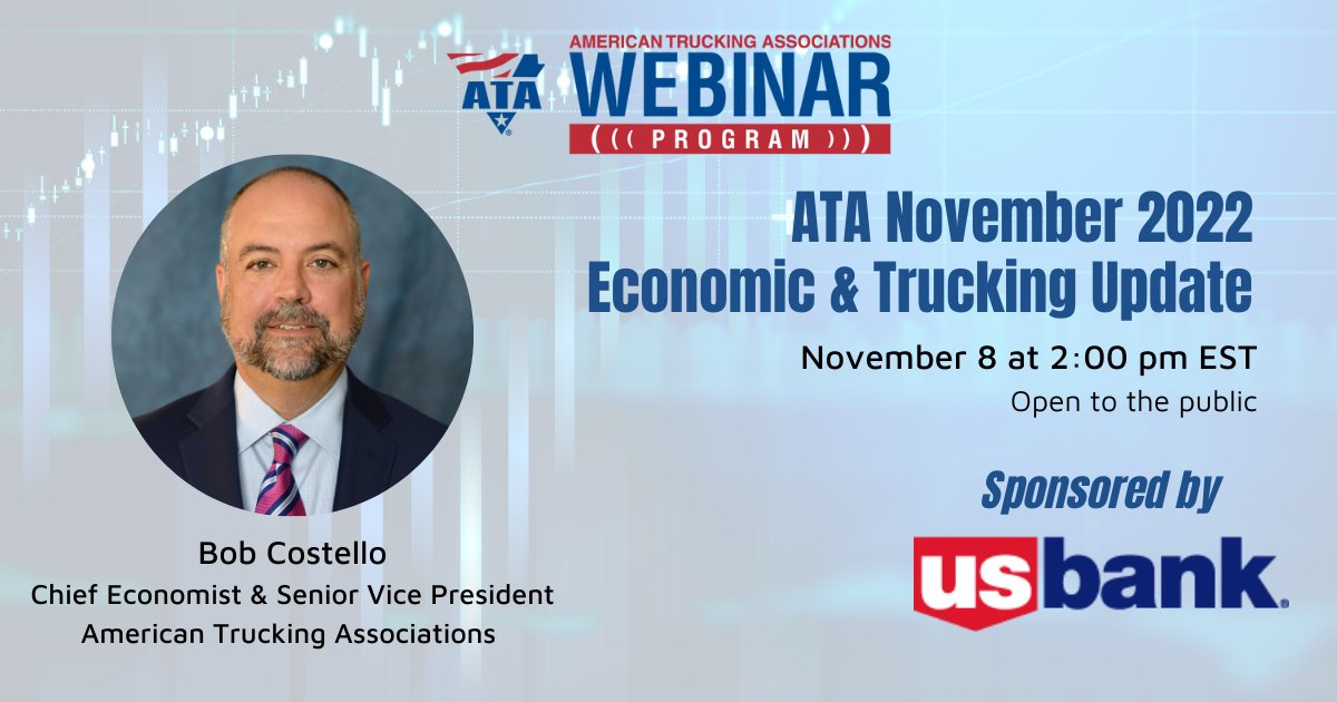 Join us on Tuesday, November 8th at 2PM EST for ATA’s November 2022 Economic &amp; Trucking Webinar, sponsored by <a href="/usbank/">U.S. Bank</a>. ATA’s Bob Costello will share an updated look at the economy. 

This webinar is open to the public. Register here: bit.ly/3ylQYEs