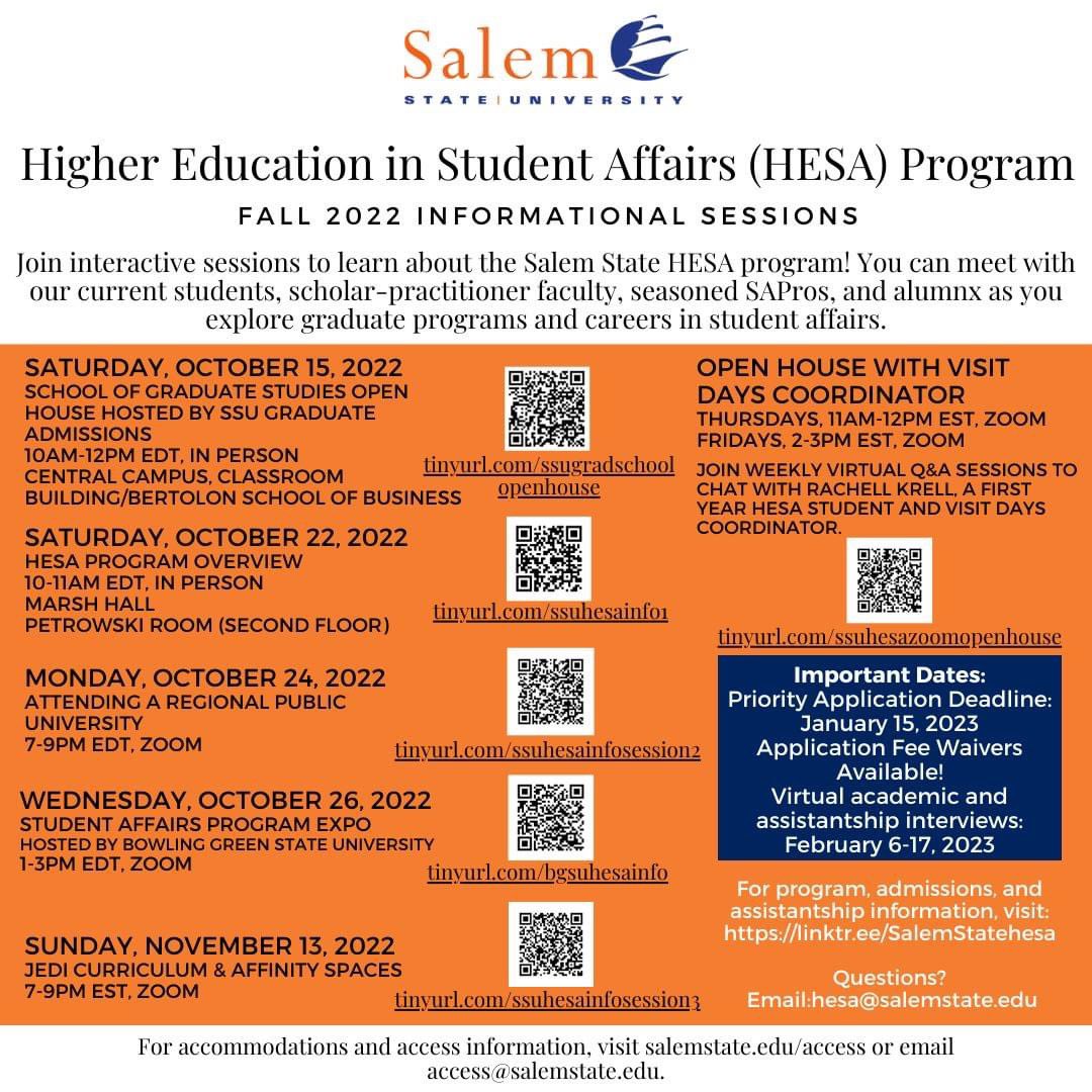 We are hosting multiple informational sessions for those interested in learning more about our program, assistantships, and application process. You can find registration links for these events at linktr.ee/salemstatehesa. Please feel free to reach out with any questions!