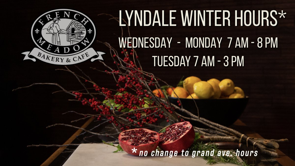 New winter hours, for Lyndale Ave (Minneapolis) French Meadow location only:  We'll be closing at 8 pm all days except Tuesday, when we'll close at 3 pm.   
No change to Grand (St. Paul) hous!
#frenchmeadow #frenchmeaowcafe #winterhours #minneapolis
