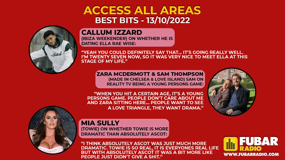 Chatting to @BobbyCNorris and @steveleng this week on #AccessAllAreas was… 🎉 @CallumWeekender 🎉@SamThompsonUK 🎉Zara McDermott 🎉Mia Sully Listen back to hear them talking all about #MadeInChelsea, and #TOWIE here 👉 buff.ly/3VpDUrv