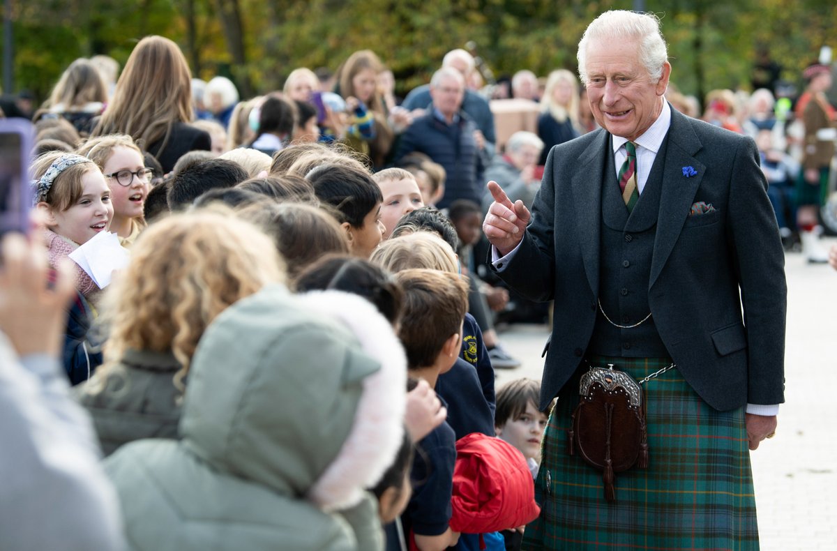 His Majesty the King chatting to a large crowd of people outside The Burrell Collection.