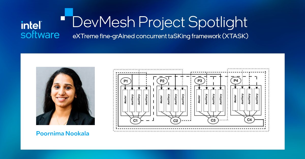 inteldevs's tweet photo. Developer Poornima Nookala submitted their project to #DevMesh (you can too!) and gave us the eXTreme fine-grAined concurrent tasking framework (XTASK). This lock-less concurrent framework for parallel runtime aims to reduce overheads for hardware. https://t.co/Ygz0Bin4zM #oneAPI https://t.co/m7JJ7FQNFC