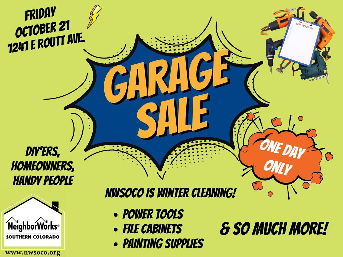 nwsoco's tweet image. CALLING ALL DIY'ERS, PROJECT DO'ERS, HANDY PEOPLE and everyone else!! NeighborWorks is winter cleaning! We're having a ONE DAY ONLY garage sale and clearing out power tools, file cabinets, painting supplies, and so much more! Stop by and get a deal!