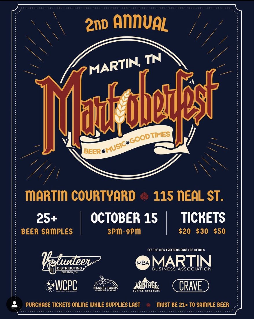 Vantage_Coffee's tweet photo. 🎃 🎶 Come join us this weekend at Martoberfest! Saturday, October 15th!
Tons of amazing musicians and food! We can't wait to see you!! #martintn #martoberfest #vantagecoffeeroasters #crave #budweiser https://t.co/ODsQ3UIscl