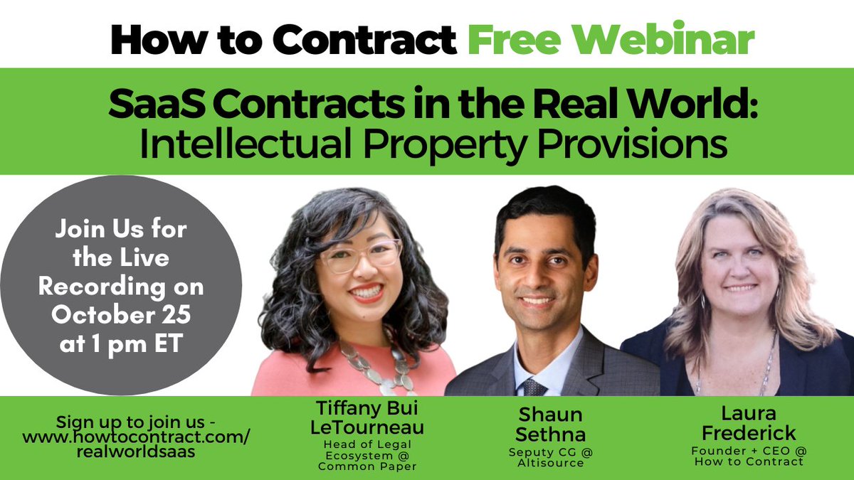 HowtoContract's tweet image. Join us on October 25 to learn the nuances and techniques of how to draft and negotiate intellectual property provisions in SaaS contracts and participate in Q&amp;amp;A: loom.ly/LFoloiM #contractdrafting #lawtwitter