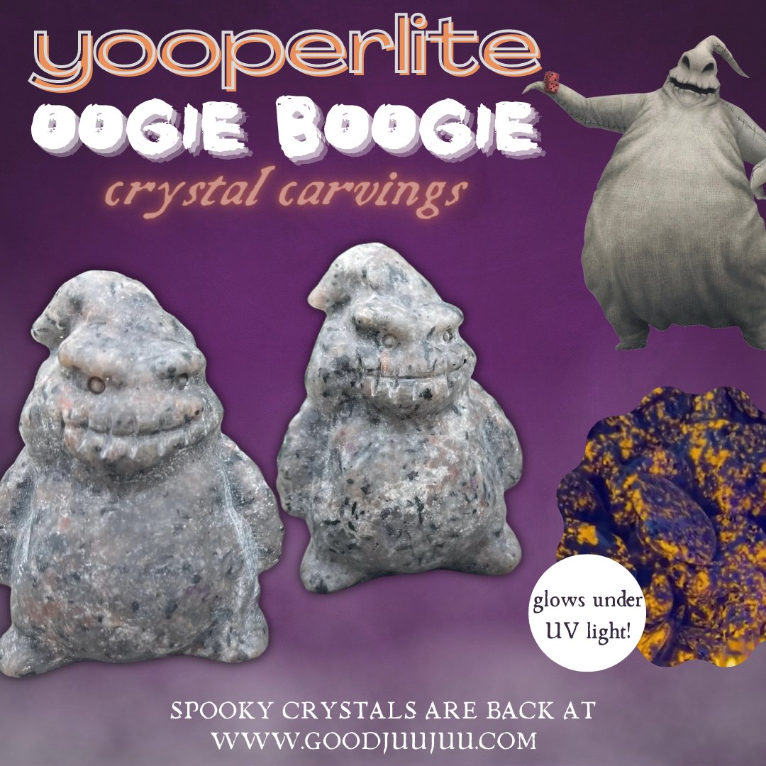 Yooperlite Oogie Boogie Carvings 🎃 This crystal is called the 'The Glow Stone' because it GLOWS orange when exposed to UV Black Light! LINK IN THREAD🧵