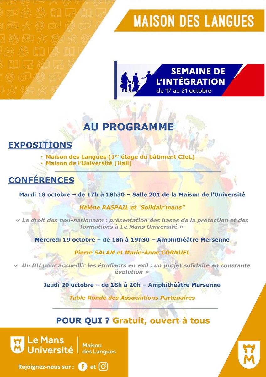 SandrineCapel's tweet photo. La Maison des langues  et Le Mans Université organisent du 17 au 21 octobre la semaine de l'intégration. Venez découvrir nos actions en faveur des Réfugiés et des Migrants. 
https://t.co/p0SFngpG57

On vous attend nombreux, https://t.co/s4LUR2i5IP