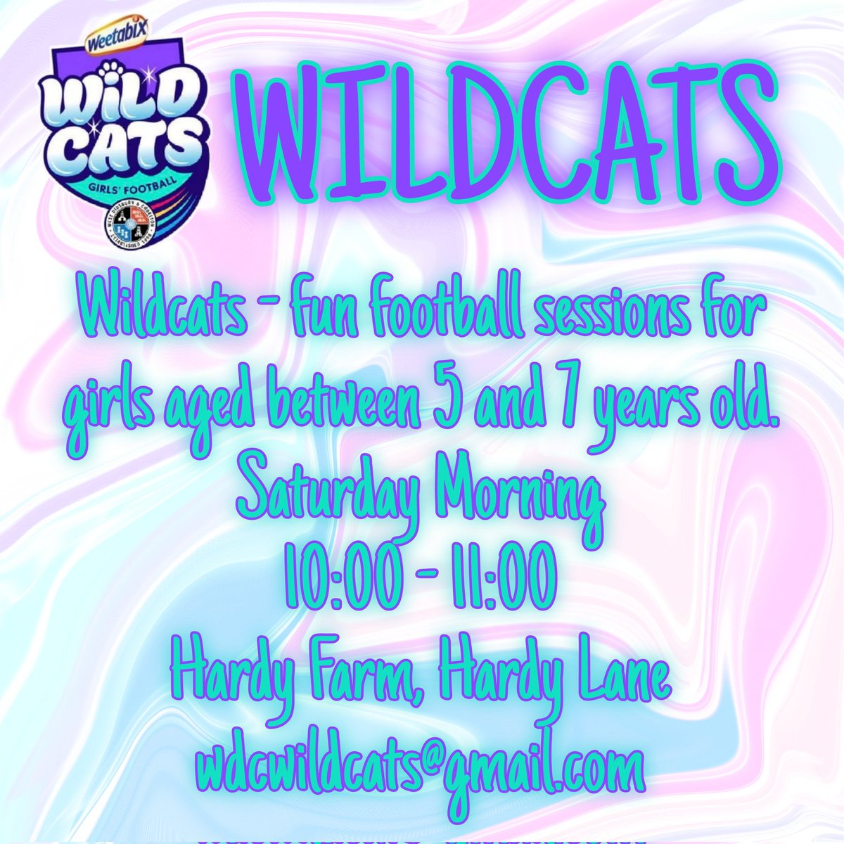 WDC_Wildcats's tweet photo. Get in touch today!

🗓️ Saturday morning
🕙 10:00 - 11:00
📍 Hardy Farm, Hardy Lane.

@wdc_women
@wd_cfc
@WDC_Juniors

#gamechangeher #girlsfootball #womensfootball #letgirlsplay https://t.co/cTIe8SCyFW