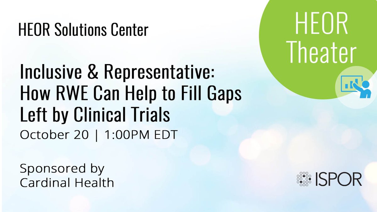 Explore the challenges with diversity, equity, & inclusion in clinical trials, how #RWE can help improve access to & representation in clinical trials, and more at an HEOR Theater presentation, on October 20, sponsored by @cardinalhealth ow.ly/YBpG50L6l75