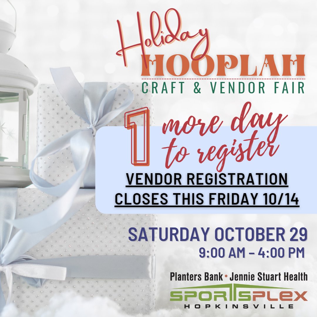 🎁 This year's #HolidayHooplah at #ThePlex is HUGE! Vendor registration closes tomorrow, Oct 14 - reserve your booth now! ⏱

➡️ jotform.com/222215983281153

#holidaycrafts #craftfair #vendorevent #vendorswanted #holidayevent #vendorbooth #hopkinsvilleevents #itshappeninginhoptown