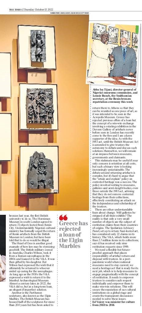 The Acropolis Research Group @acropolis_the congratulates Lord Ed Vaizey @edvaizey: 'It’s time to discuss the repatriation of our looted artefacts' #Parthenon #ParthenonSculptures #BritishMuseum #ElginMarbles @UniteParthenon @elginism @ellymariasymons thetimes.co.uk/article/nation…