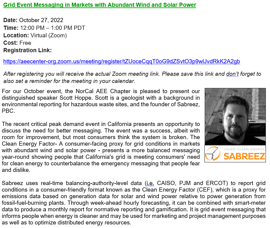 AeeNorcal's tweet photo. Join webinar "Grid Event Messaging in Markets with Abundant Wind &amp; Solar Power" Oct 27 12PM PDT Registration: https://t.co/wLu37jdhXL 
#CleanEnergy #Curtailment #Messaging #Grid #LoadShape #AEE #AEENorCal #NorCalAEE #Solar #Wind #EnergyStorage #California #CalISO #RenewableEnergy https://t.co/QPQxOdpS2T