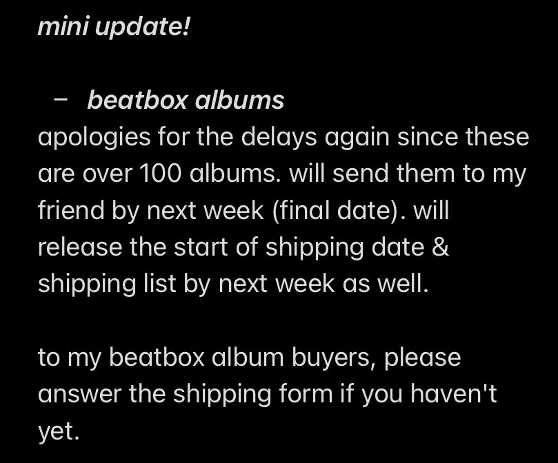 hrjmails_'s tweet photo. — #pjsupdates 

hello quick update! will reply to DMs again tomorrow :) thank you! 

bb albums shipping form: https://t.co/rBPWBQIjLB

unshipped items shipping form: https://t.co/wp9DxFZ9gh 

‼️ for sdd, please check notice in the unshipped items shipping form! https://t.co/KC8E2DMTv0