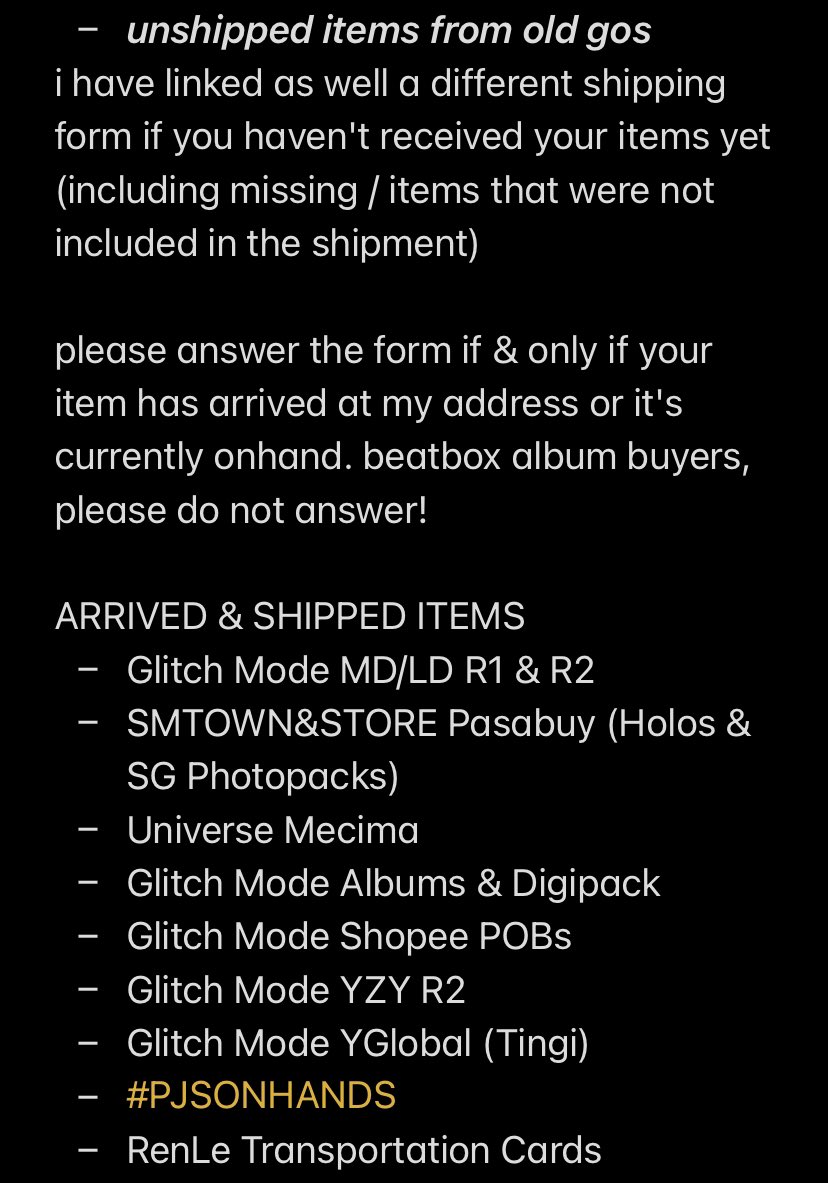 hrjmails_'s tweet photo. — #pjsupdates 

hello quick update! will reply to DMs again tomorrow :) thank you! 

bb albums shipping form: https://t.co/rBPWBQIjLB

unshipped items shipping form: https://t.co/wp9DxFZ9gh 

‼️ for sdd, please check notice in the unshipped items shipping form! https://t.co/KC8E2DMTv0