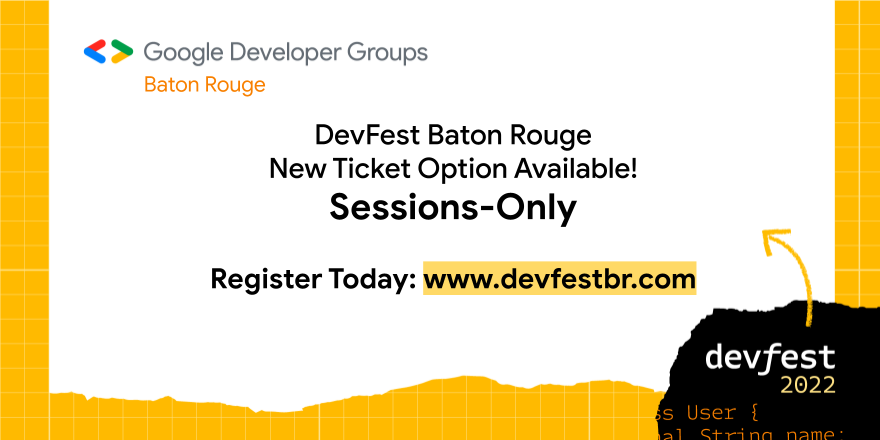 GDG_BatonRouge's tweet photo. Our standard ticket option for #DevFestBR is Sold Out, but we've added up a new ticket option (Sessions-Only) to give more people access to speaker sessions. If you haven't registered for DevFest yet, now is the time! ⏳

Register at https://t.co/Ruj20LyHBz!

#devfest #batonrouge https://t.co/MHh486WDbw
