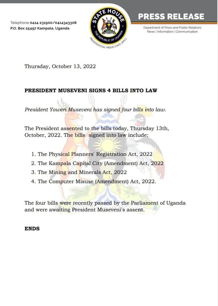 JackieAkampwera's tweet photo. HE. @KagutaMuseveni has assented to the four bills into Law. You might interest yourself in No.4 if you want to enjoy Christmas with family and friends. https://t.co/UjQlWcLP7F