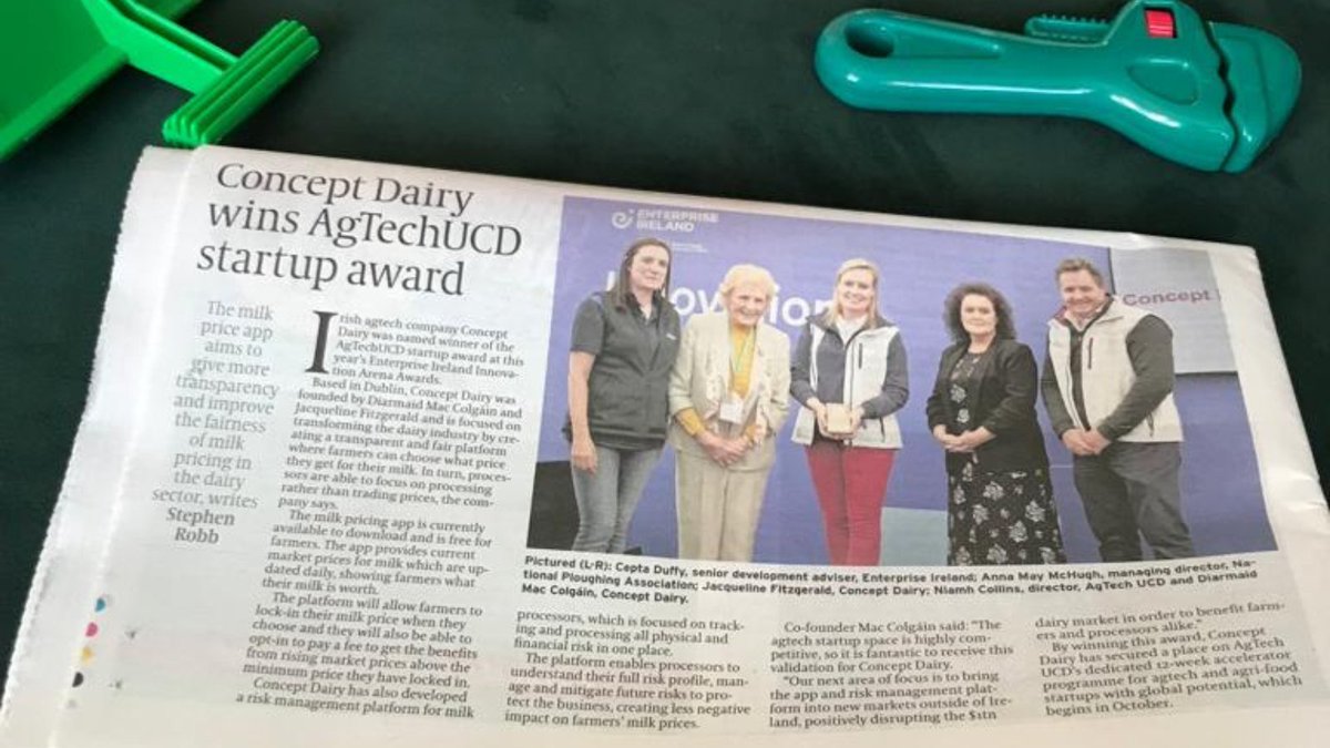 Delighted to see the news of our win of @AgTechUCD Start Up at the @Entirl Innovation Arena Awards at @NPAIE in the @farmersJournal ☺️ Thanks for the feature @StephenRobbDL 🙌 ⚡️ To find out more about our award winning FREE farmer App: conceptdairy.com #TeamDairy #Dairy