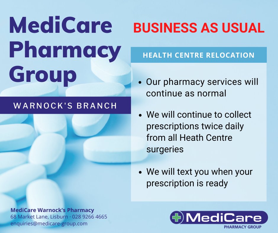 Lisburn Health Centre relocation - We at MediCare Warnock’s Pharmacy want to reassure our customers that we are business as usual. Continue to come see us for all your pharmacy needs. #Lisburn #Lisburnarea