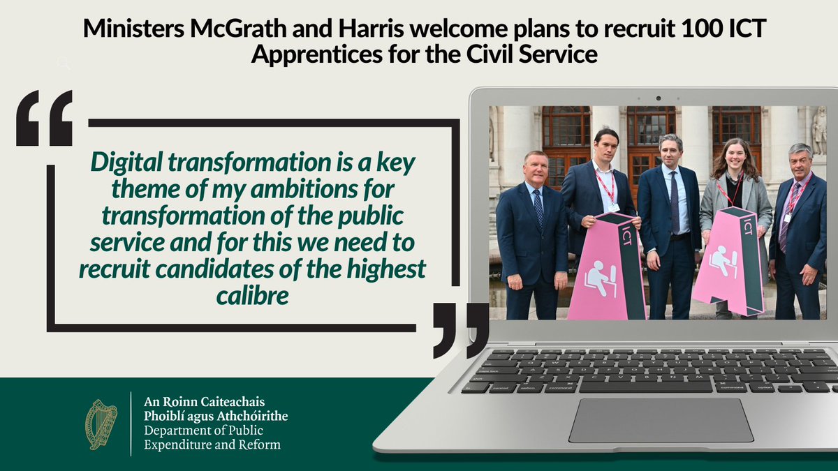 IRLDeptPER's tweet photo. Minister @mmcgrathtd, Minister @SimonHarrisTD and the Minister of State @smytho, launched the recruitment campaign for the next intake of ICT Apprentices in the Civil Service. https://t.co/4PqyR53EWh https://t.co/vlBMCMZtjf