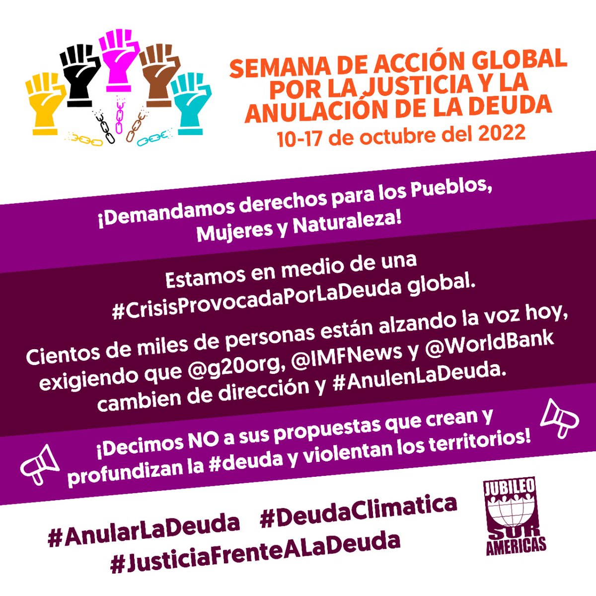AcEcologica's tweet photo. ¡Hacemos un llamado a @IMFNews, @WorldBank y @g20org para #AnularLaDeuda!
#AnulaLaDeuda
#JusticiafrenteALaDeuda
#DeudaClimatica https://t.co/8hDQ9hFHkY