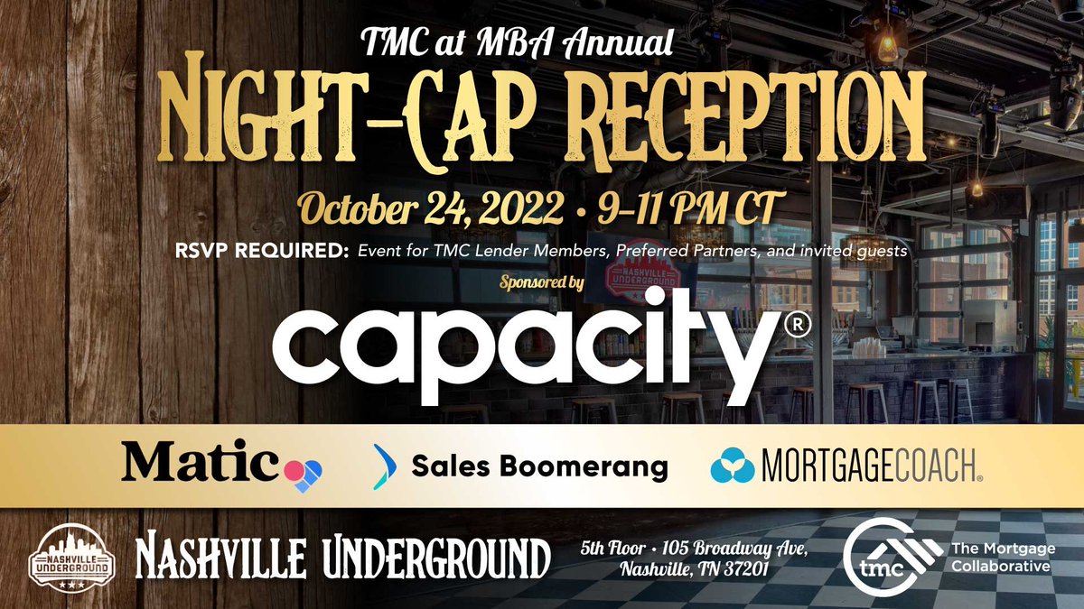 MtgCoop's tweet photo. We can't wait to hang out with our #lendermembers and #preferredpartners during our night-cap reception at MBA annual, sponsored by @Capacityai, @maticinsurance, @SalesBoomerang & @MortgageCoach!
Learn more here: https://t.co/tkfjYNg9rv
#PoweroftheNetwork #mortgage #conference https://t.co/U5kg06rkYK
