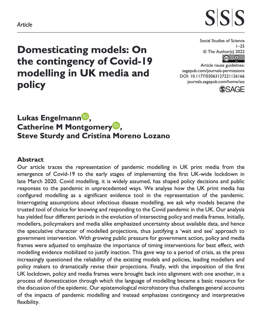 Publication day! Hot off the press at Social Studies of Science @Soc_Stud_Sci, our #OpenAccess analysis of epi modelling in media and UK-#COVID19 policy. With Catherine Montgomery, Steve Sturdy and @crinamoreno journals.sagepub.com/doi/10.1177/03…