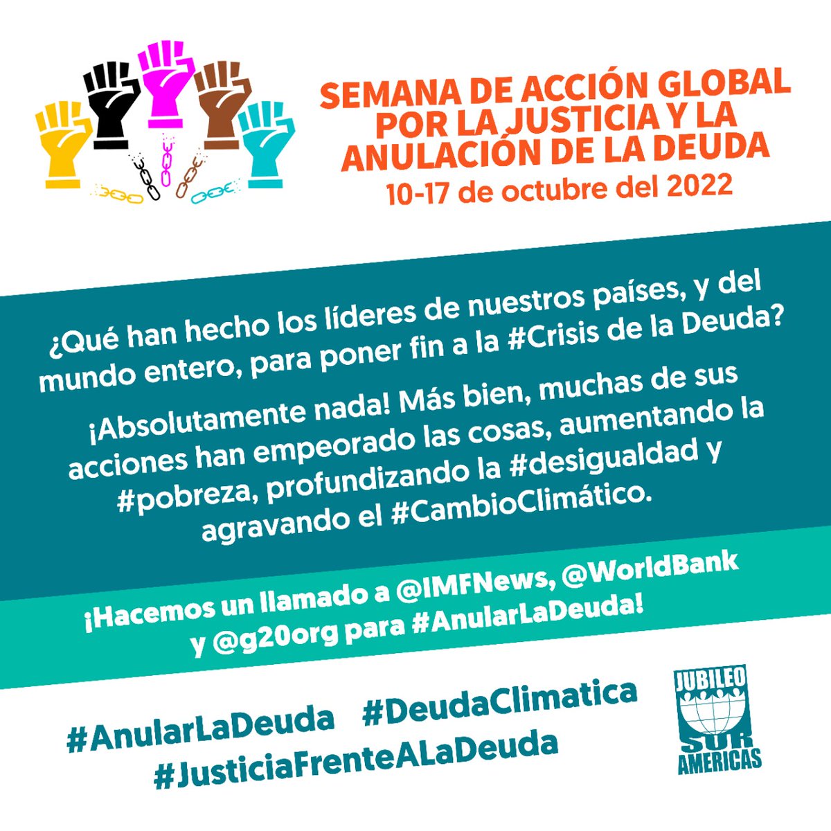 AcEcologica's tweet photo. Esta semana @IMFNews, @WorldBank y @g20org se reúnen en Washington.
#AnulaLaDeuda
#JusticiafrenteALaDeuda
#DeudaClimatica https://t.co/LGosk46EEB