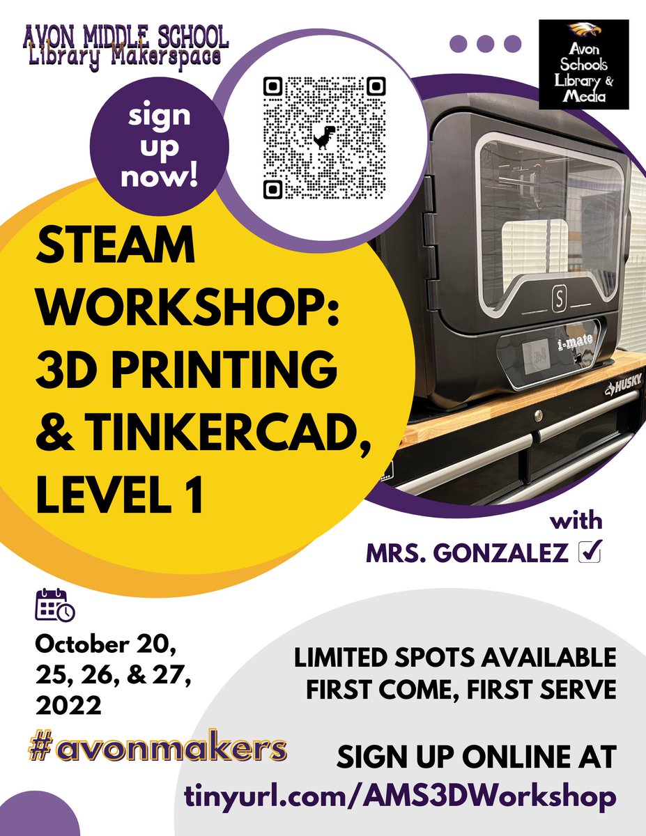 gonzalezkellym's tweet photo. AMS Eagles, are you ready? Our first #librarymakerspace #STEAM Workshop kicks off next week! Students can sign up for a session before or after school or during study hall to learn about #3Dprinting--limited spots available &amp; first come, first serve, so register now! #avonmakers https://t.co/7QsWz5hDyt