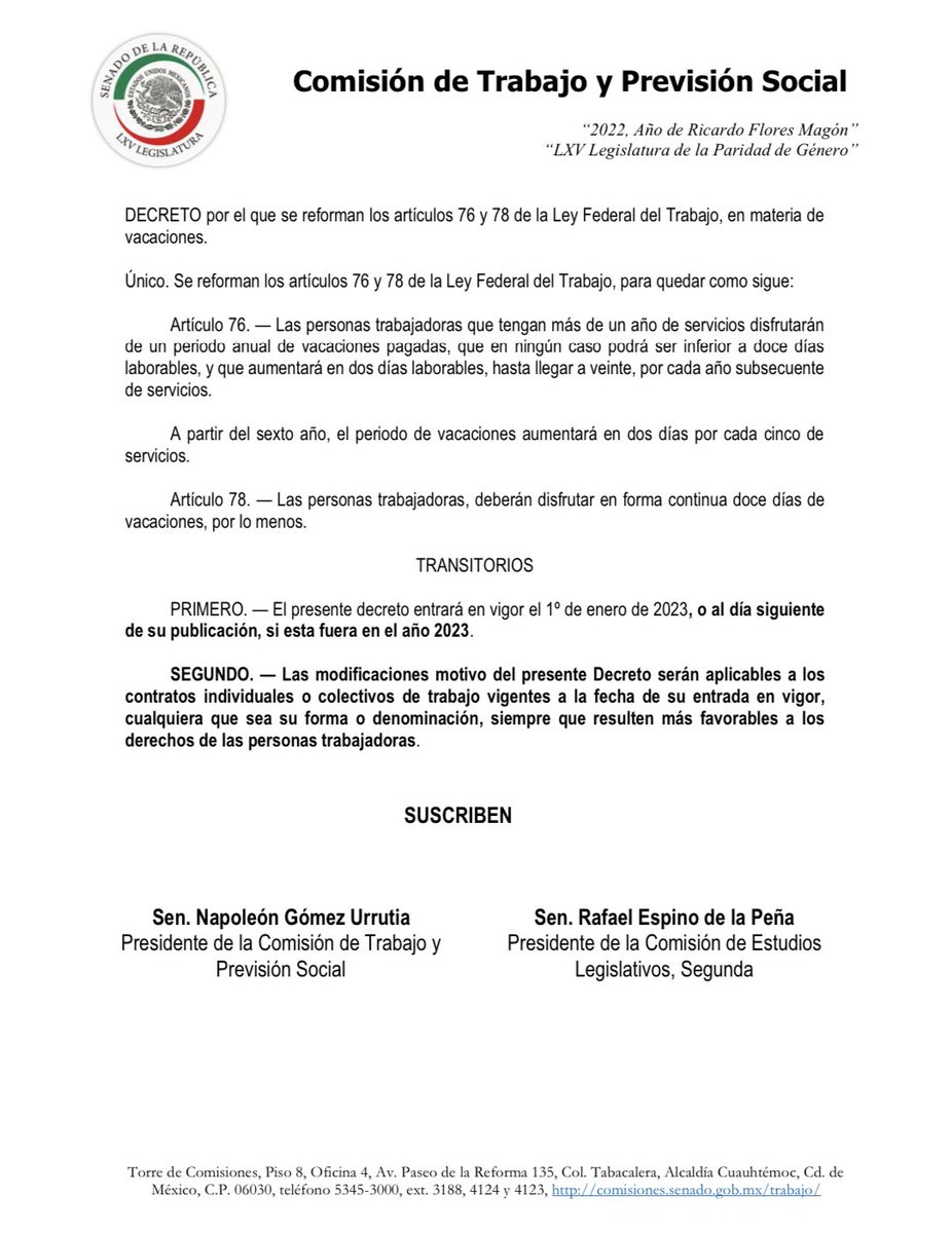 pacocolunga's tweet photo. La reforma para aumentar vacaciones va asi: 
1. Comisión laboral del senado ✅
2. Comisión de puntos legislativos ✅
3. Pleno del @senadomexicano 
4. Pleno de @Mx_Diputados 
5. Firma del decreto @lopezobrador_ 
6. Publicación @DOF_SEGOB 
Probable entrada en vigor 1 de enero 2023. https://t.co/69vn4l1m0Z