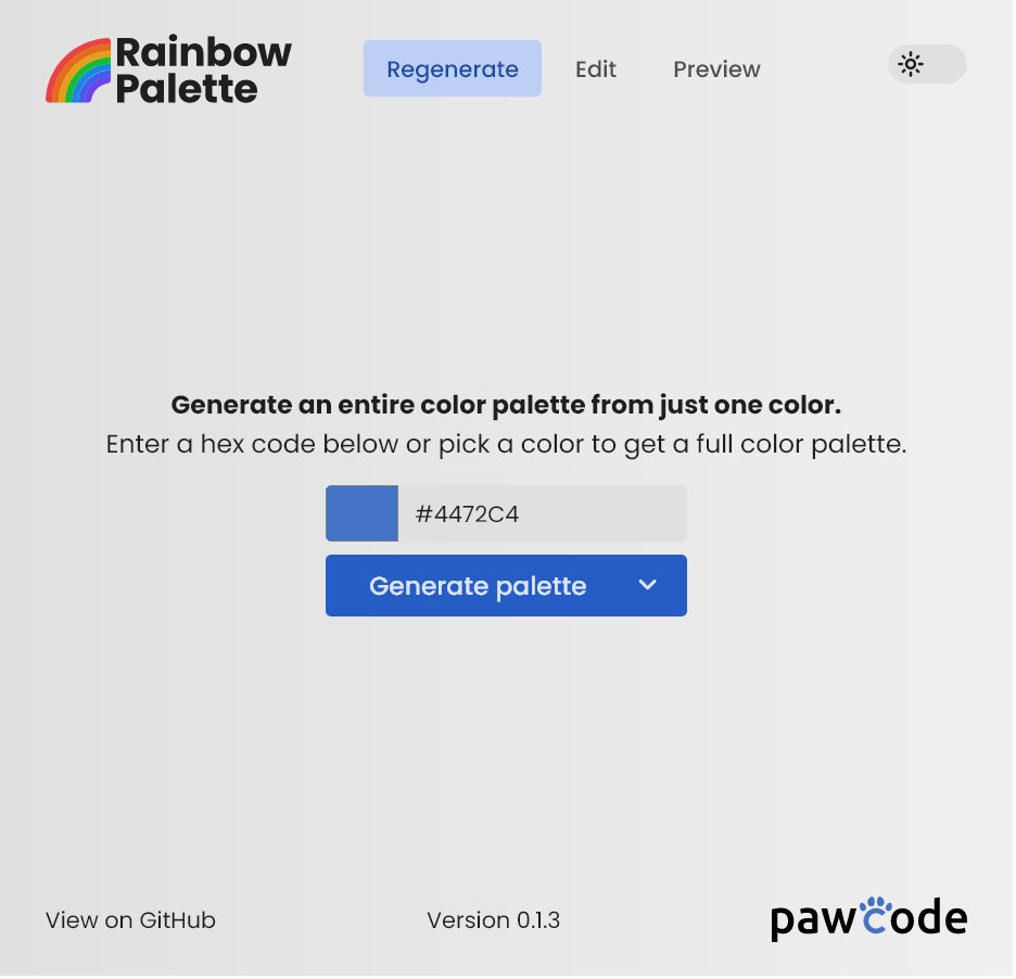 pawcode's tweet photo. Mit Version 0.1.3 wurde der Farb-Generator jetzt offiziell #RainbowPalette getauft! Ab sofort könnt ihr euch die Seite über Chrome oder am Handy installieren und dann auch offline benutzen.

Danke nochmal an @sampeniak für das neue Logo! https://t.co/z4jodTyzVv