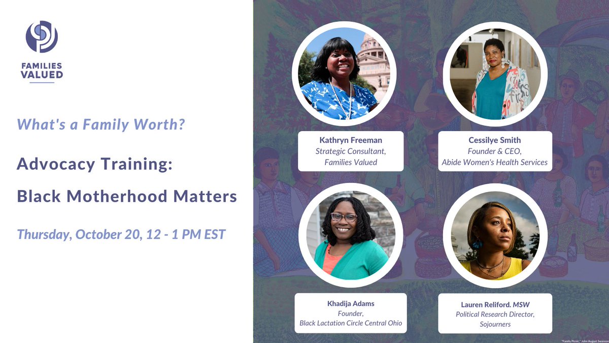 Join us on October 20 for our advocacy training "Black Motherhood Matters," where we will discuss racial justice and family-supportive policies.

Register: bit.ly/3yCdauq

Featuring @KathrynAnnette, <a href="/cessilyersmith/">Cessilye R. Smith</a>, <a href="/Abide_Women/">Abide Women's Health Services</a>, <a href="/KhadijaGAdams/">Khadija Adams</a>, and <a href="/Sojourners/">Sojourners</a>.