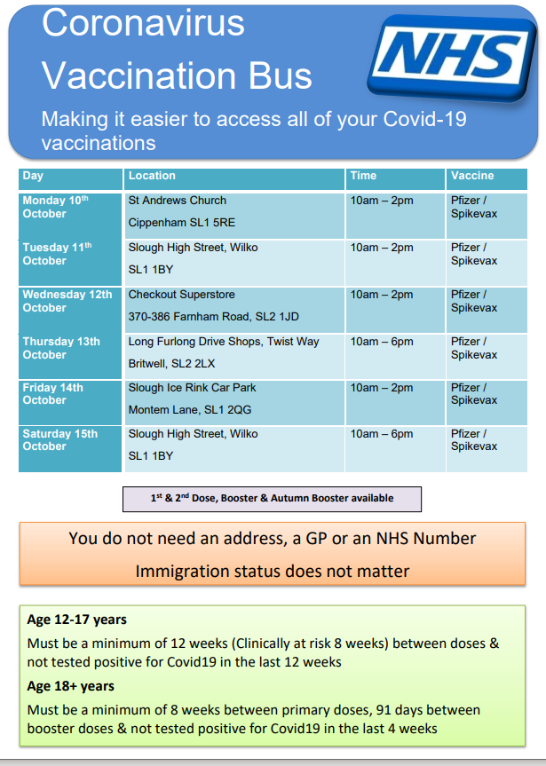 SloughCouncil's tweet photo. Covid vaccine bus times for the rest of this week &amp; next week! https://t.co/D1cE2jY5Nd