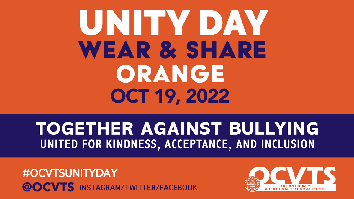 OCVTS's tweet photo. Together We Can Create a World Without Bullying! Stand with us and wear orange on October 19 to show unity for kindness, acceptance, and inclusion and to send a visible message that no child should ever experience bullying. Share your photos with us at #ocvtsunityday @OCVTS https://t.co/4MvrB5ZfRW