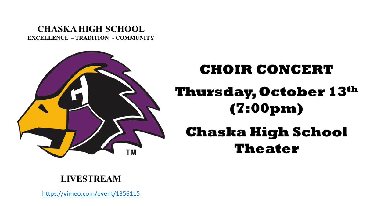 Join us tonight at Chaska High School for our fall choir concert - 7pm (Theater). Live Stream of tonight's concert available at vimeo.com/event/1356115 #SoarHawks