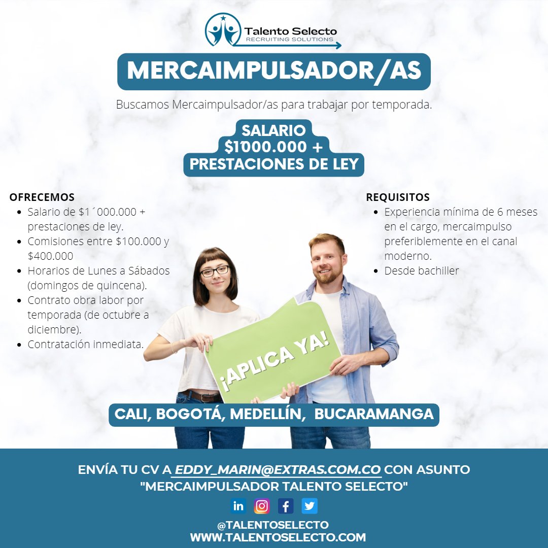 TalentoSelecto's tweet photo. Nueva oportunidad para 📍Cali - Bogotá - Medellín - Bucaramanga
¡Aplica ya!
#mercaimpulso #mercaimpulsadora #ventas #trabajo #trabajosihay #oportunidad #empleo #empleoencali #cali #calico #colombia #bogota #medellin #bucaramanga #empleocolombia #talentoselecto https://t.co/xXJVTDL5fT