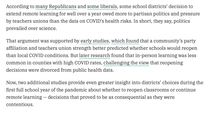 Nice piece by @patrick_wall highlighting the growing body of research showing that school reopening decisions were more complicated and nuanced than conventional wisdom suggests. chalkbeat.org/2022/10/12/234…